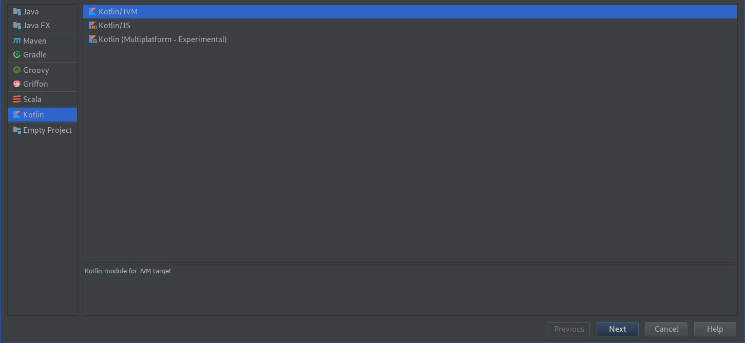 The window that appears when creating a new project