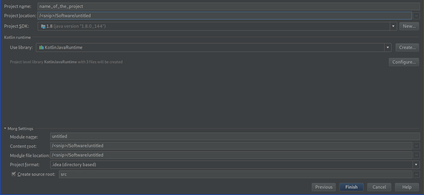 The second window that appears when creating a new project